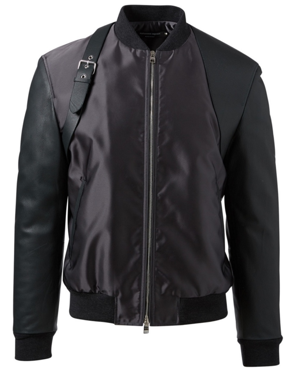 Alexander McQueen Sz IT 50 Nylon w/ Leather Bomber Jacket Black Designer Luxury.